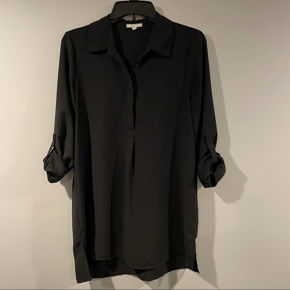 Pleione Tunic Blouse Flowy Lightweight Collar Roll Up Sleeve Black Women’s Small
